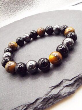 TRIPLE POWER CHAKRA HEMATITE, TIGER'S EYE & ONYX 9.25MM BEADS STRETCH BRACELET K